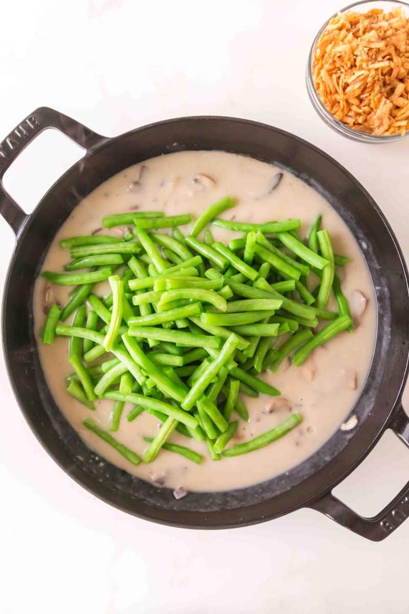 Fresh green beans folded into creamy mushroom sauce before baking. Hostess At Heart