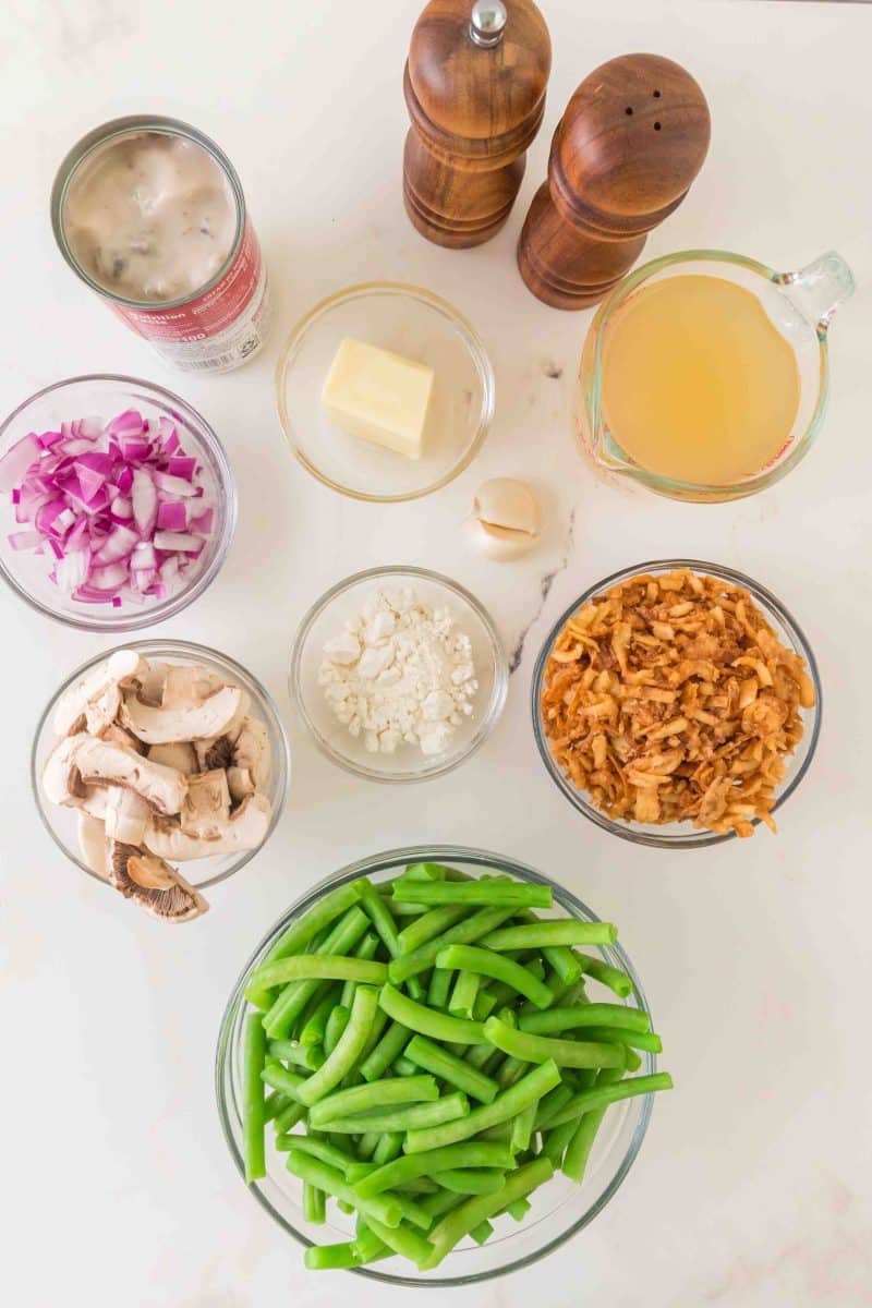 Fresh Green Bean Casserole Recipe ingredients: fresh trimmed an cut green beans, Campbell's mushroom soup, onions, mushrooms, butter, broth, and flour. Hostess At Heart