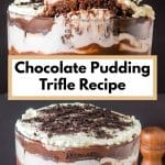 A collage for Pinterest of a chocolate trifle made of layers of chocolate cake, pudding, whipped cream and oreo cookie crumbs. Hostess At Heart