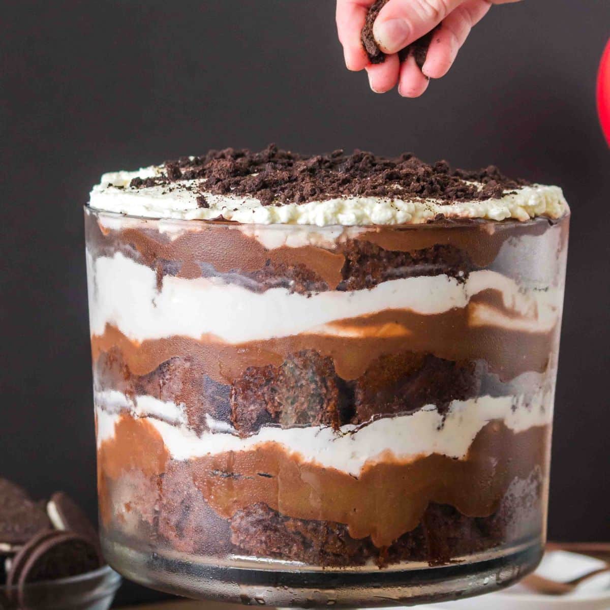 Side angle of a trifle bowl filled with layers of chocolate cake, pudding, whipped cream and oreo cookie crumbs. Hostess At Heart