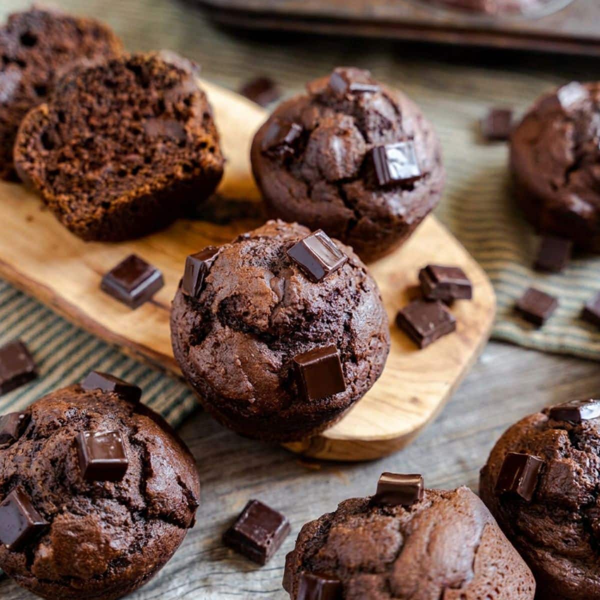 Chocolate pumpkin muffins on a cutting board surrounded by more muffins. Hostess At Heart