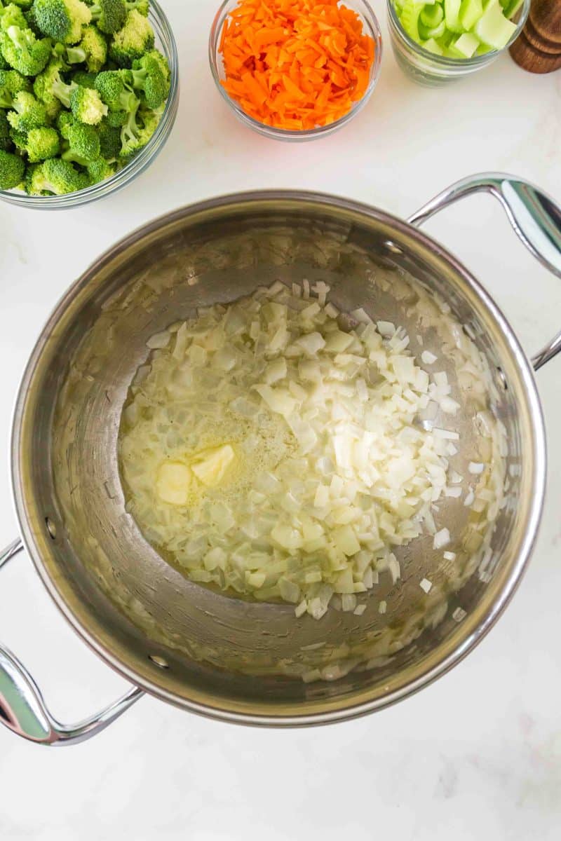 Onion sauteeing in a pot with melted butter. Hostess At Heart