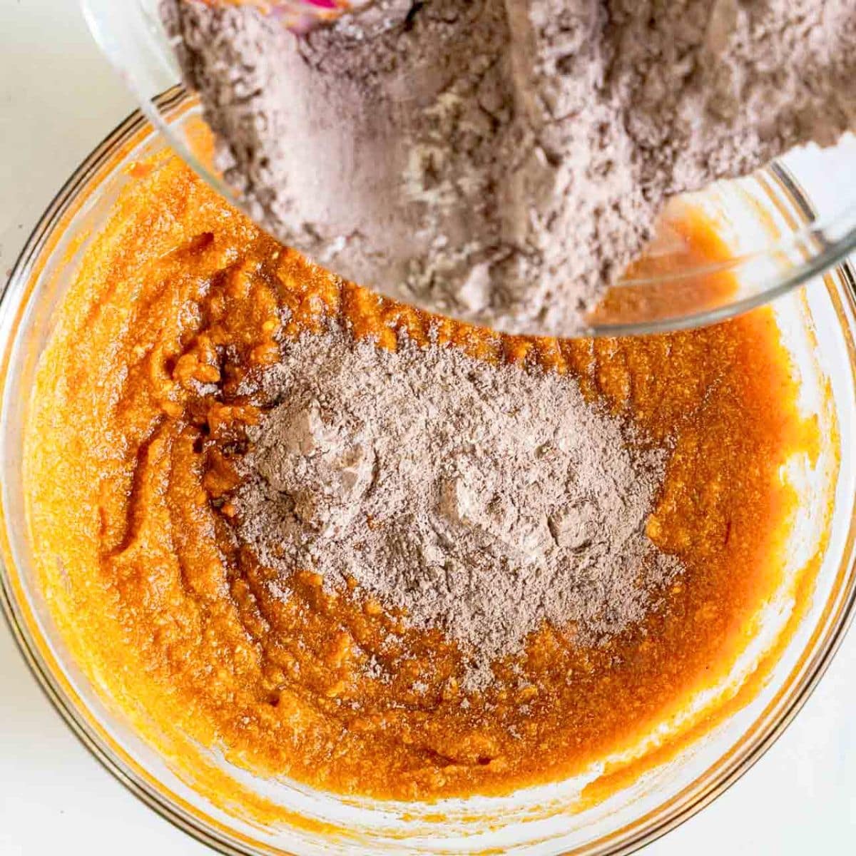 Dry sifted cocoa powder mixture stirred into wet ingredients for chocolate pumpkin muffins. Hostess At Heart