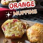 An image for Pinterest of a bakery-style muffin split in half showing a soft crumb with chopped cranberries. Hostess At Heart