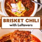 A Pinterest collage for a brisket chili recipe. Hostess At Heart