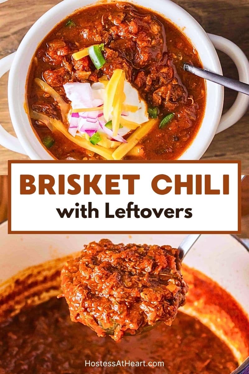 A Pinterest collage for a brisket chili recipe. Hostess At Heart