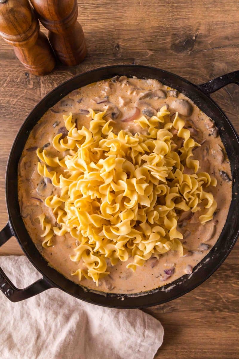 Cooked egg noodles added to turkey stroganoff. Hostess At Heart