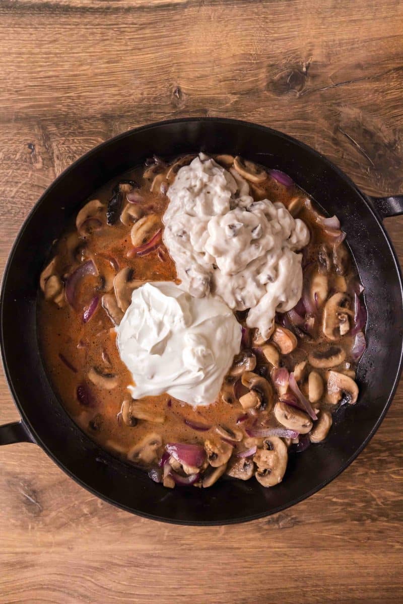 Cream of mushroom soup and sour cream stirred to make a creamy mushroom sauce. Hostess At Heart