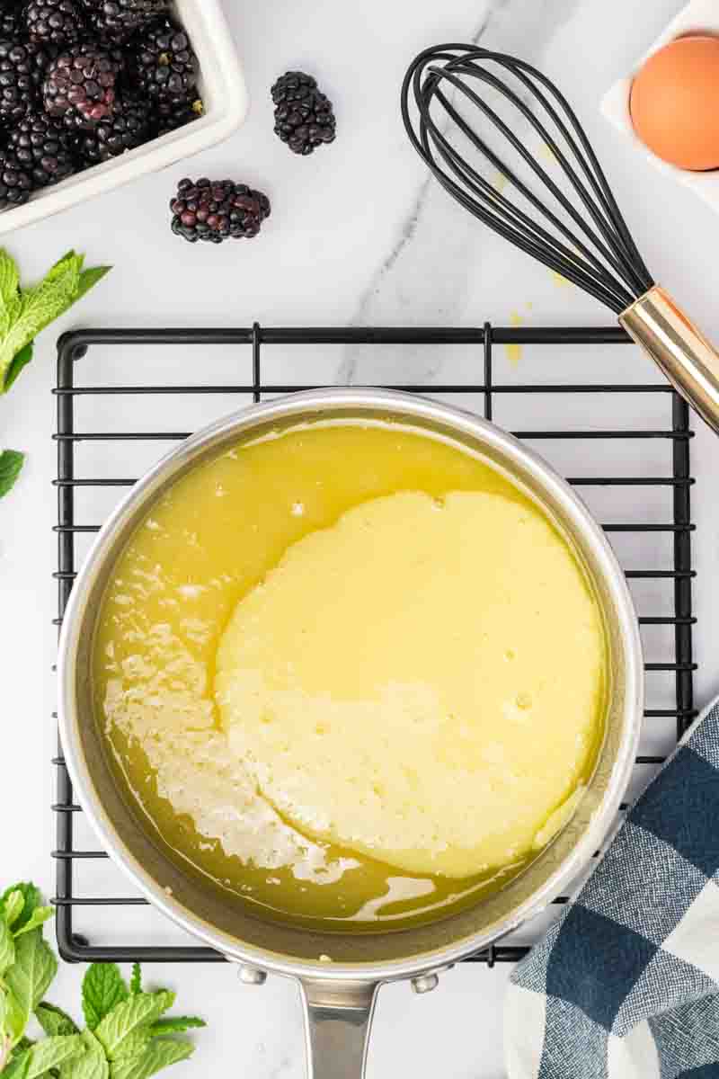 Buttermilk egg mixture whisked into the butter mixture. Hostess At Heart