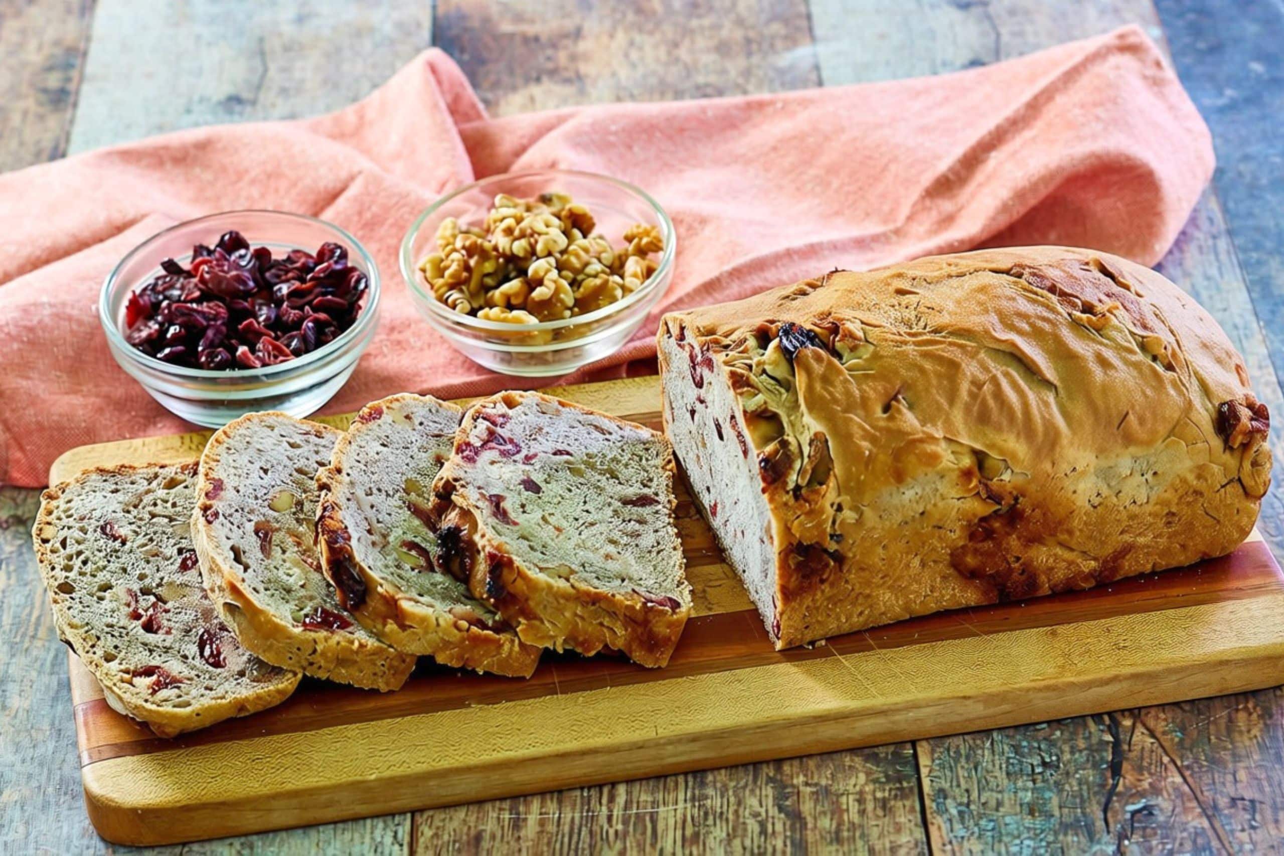 Sideview of a loaf of cranberry yeast bread with walnuts sitting on a cutting board.
