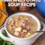 Close-up of a soup bowl filled with ham, potatoes, carrots and celery in creamy broth. Hostess At Heart