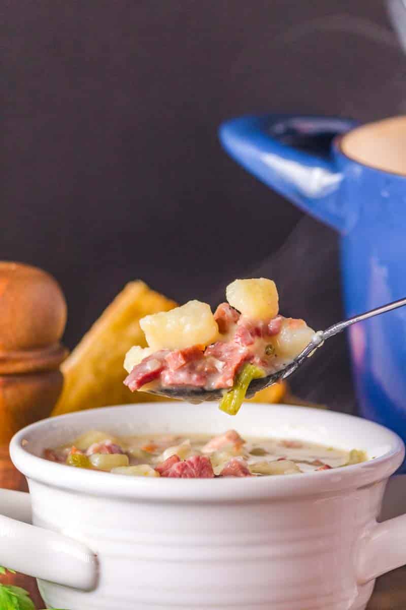 Close-up of a spoon lifting ham, potatoes, carrots and celery in creamy broth from the serving bowl. Hostess At Heart