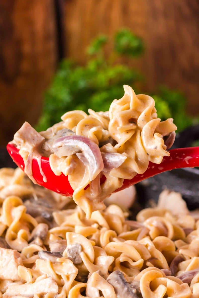 Sideview of a serving spoon lifting a scoop of creamy turkey stroganoff in a mushroom sauce. Hostess At Heart