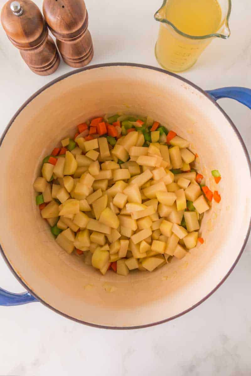 Diced Yukon Gold potatoes added to the soup vegetables. Hostess At Heart