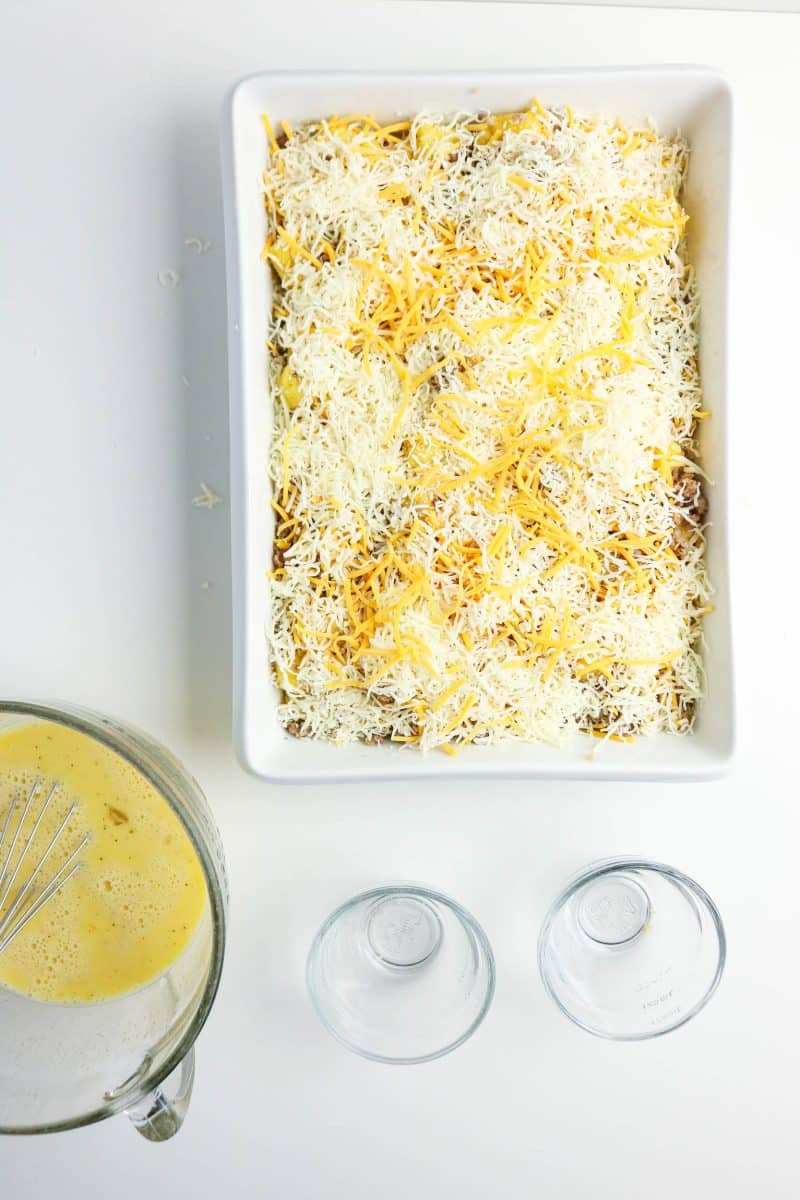 Tater Tot Breakfast Casserole before baking. Hostess At Heart