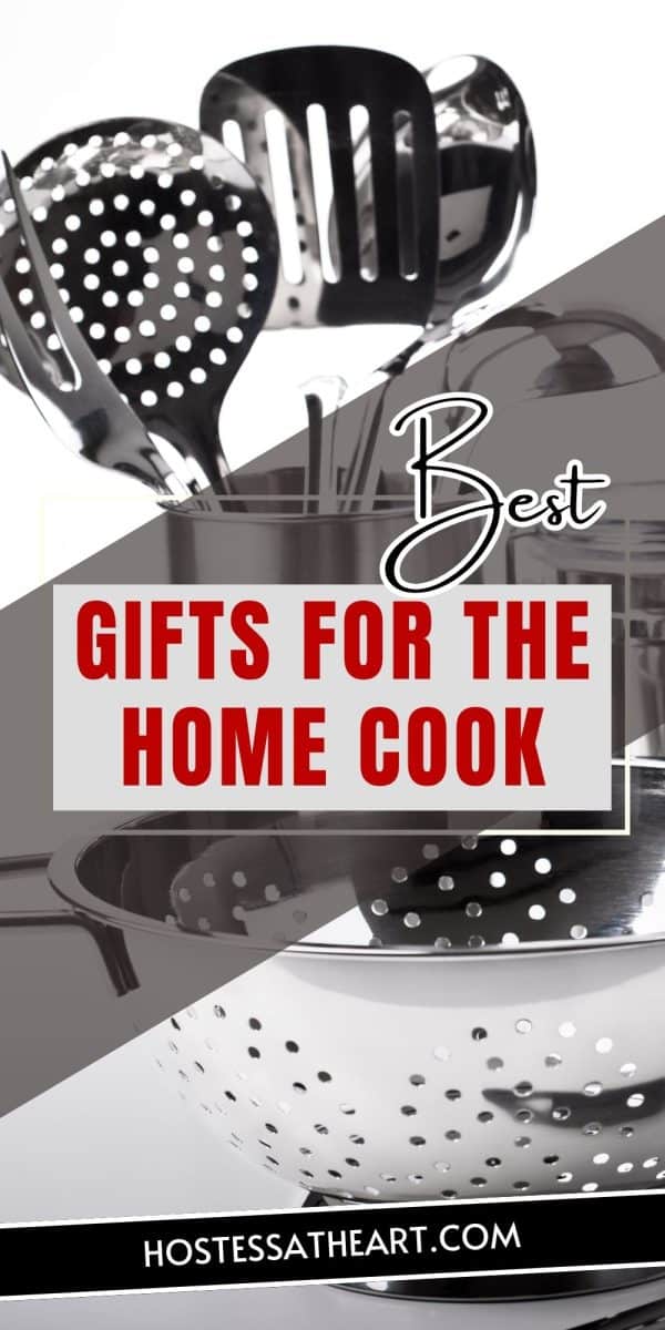 Gift guide titled graphic for Pinterest showing giftable kitchen tools. Hostess At Heart