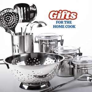 Gift guide graphic showing giftable kitchen tools. Hostess At Heart