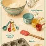 An old-fashioned graphic showing the tools needed to make homemade muffins. Hostess At Heart