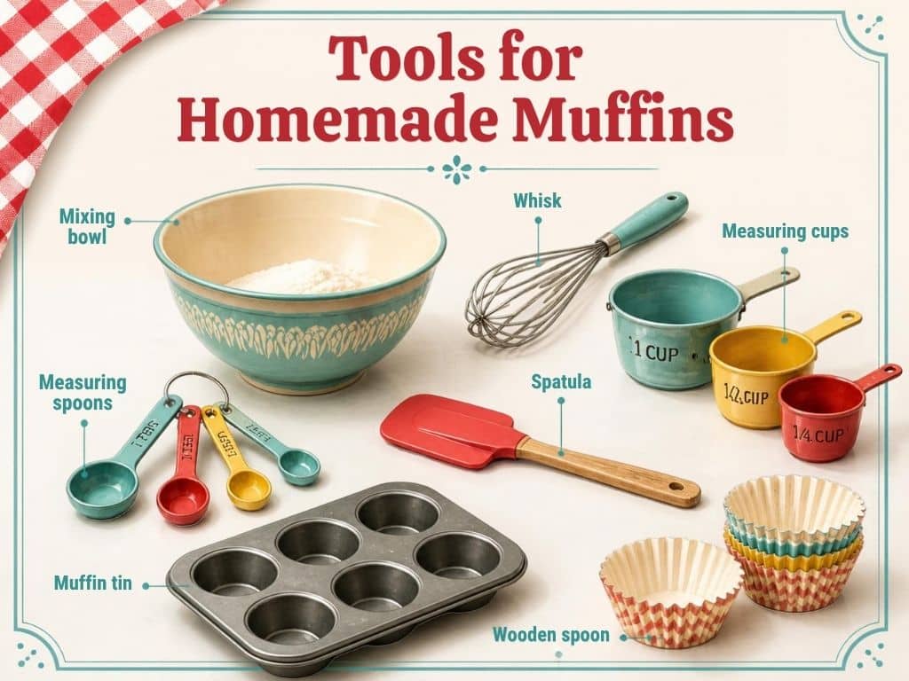 A graphic showing an idea for gifting kitchen tools needed to make homemade muffins. Hostess At Heart